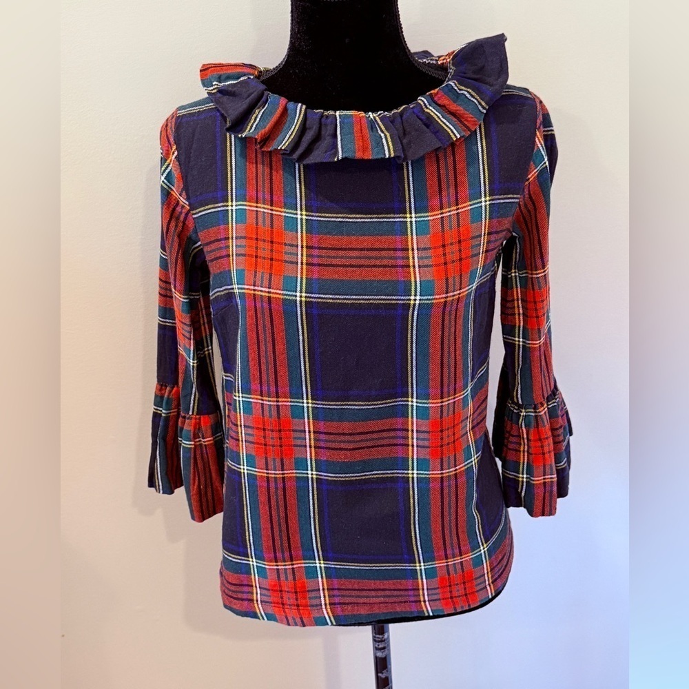 Women’s ELIZABETH WILSON red plaid ruffle zip up blouse- Size Small